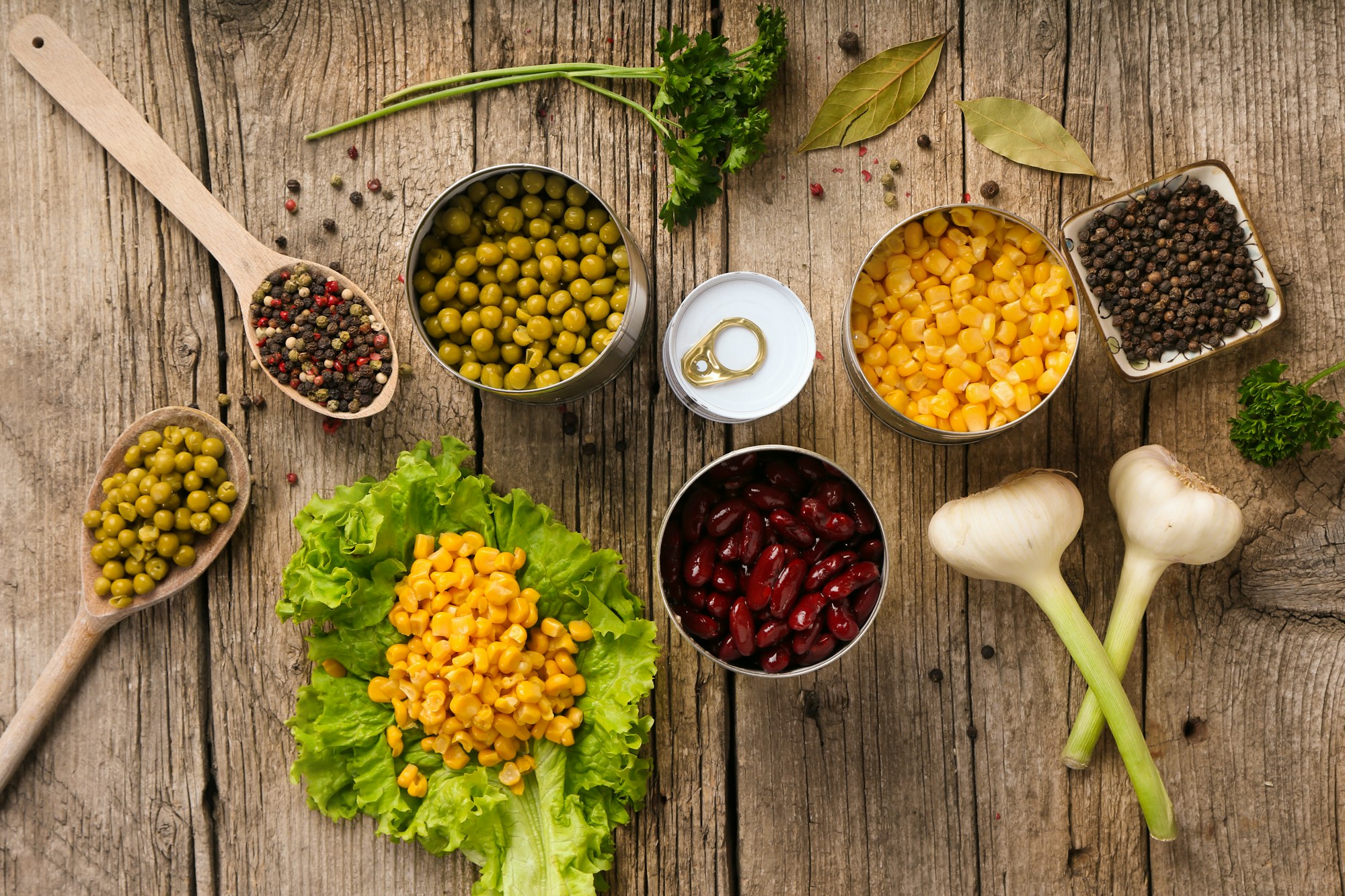 Canned corn, peas, beans