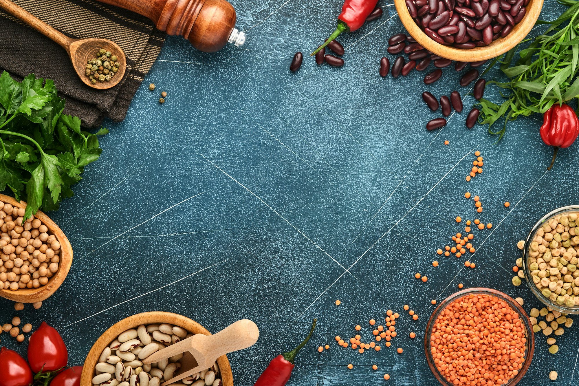 Legumes, lentils, chickpea, beans assortment, tasty appetizing ingredients spices grocery for cookin